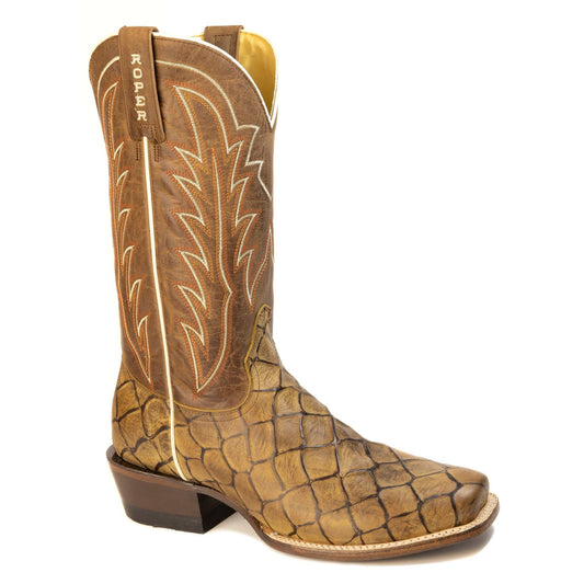 Men's Roper Riverzilla handcrafted tan pirarucu print western boots with cutter toe and 13-inch shaft