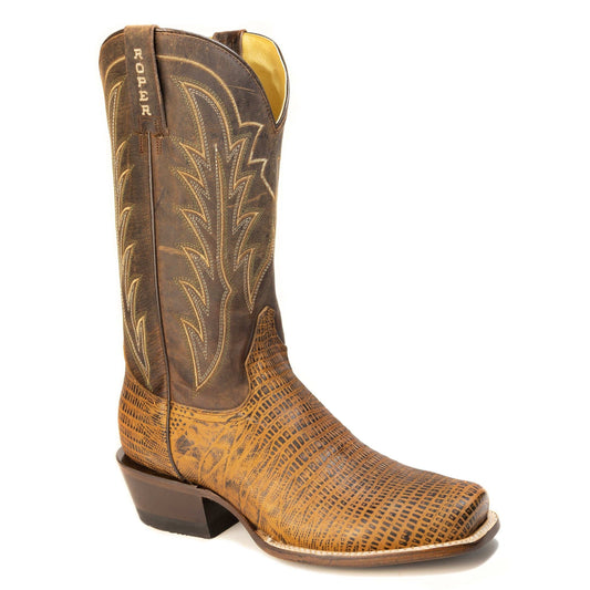 Men's Roper Leapin' Lizard Boots handcrafted brown embossed lizard leather western boots with square toe and 11-inch shaft