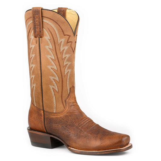 Men's Roper Faux Bison Leather Boots with cutter toe and burnish tan suede shaft