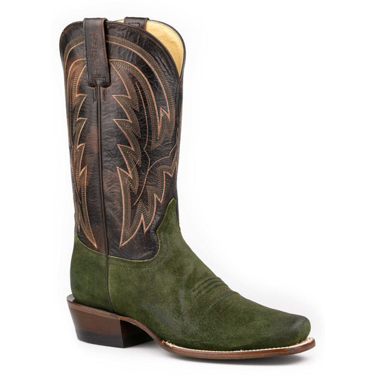 Men's Roper Drover handcrafted green suede leather cowboy boots with cutter toe and marbled brown shaft