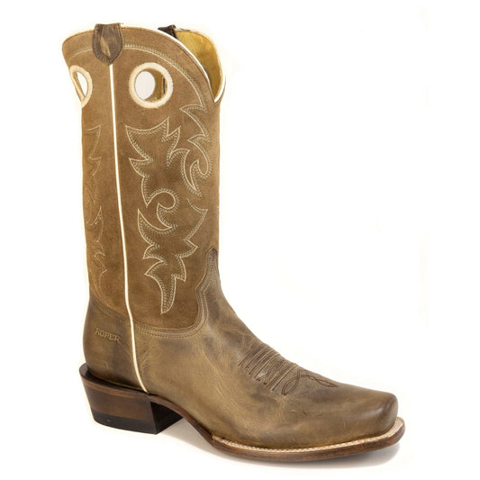 Men's Roper Cowboy Too Leather Boots brown handcrafted western style with cutter toe and 13-inch shaft