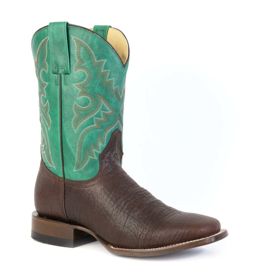 Men's Roper Tough Bull handcrafted brown leather western boots with square toe and oiled green shaft