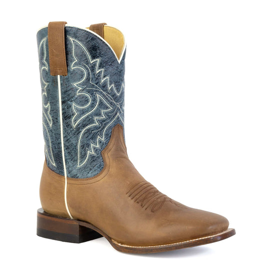 Men's Roper Johnny Boots handcrafted brown leather western boots with square toe and blue leather shaft