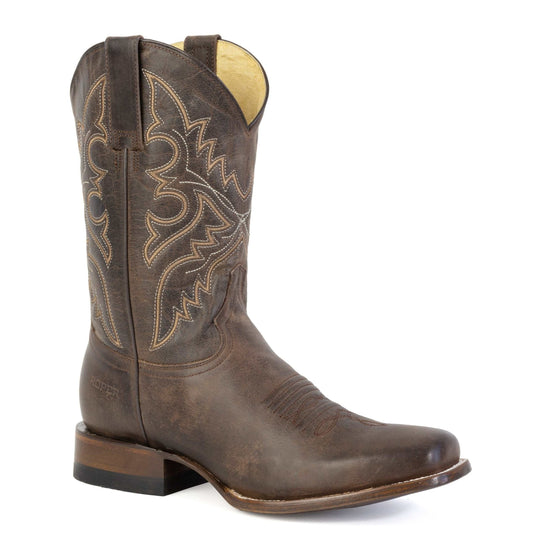 Men's Roper Dylan Leather Boots handcrafted brown burnish leather medium square toe western style