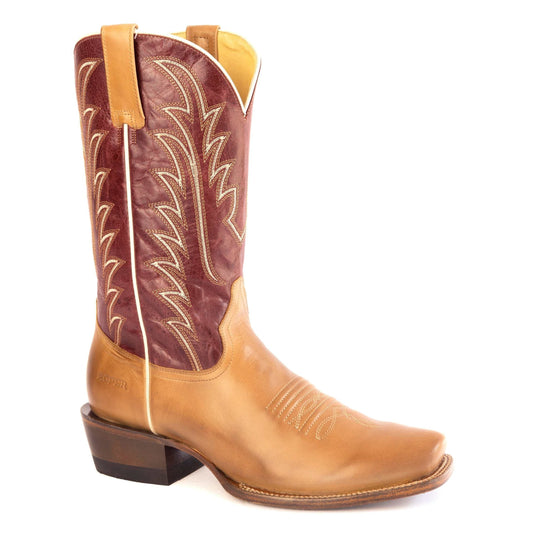 Men's Roper Dustbreaker Leather Boots handcrafted tan cutter toe with burnish tan vamp and dark red shaft