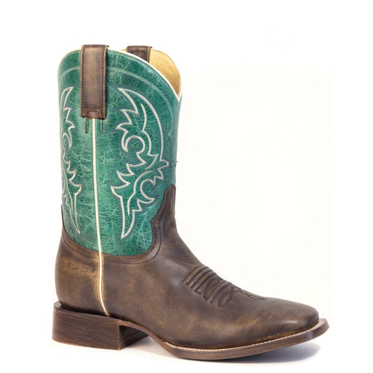 Men's Roper Cash Leather Boots handcrafted brown square toe burnish leather shaft detailed design