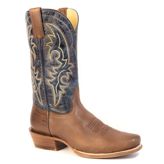Men's Roper Hank handcrafted brown leather western boots with cutter toe and waxy dark blue shaft