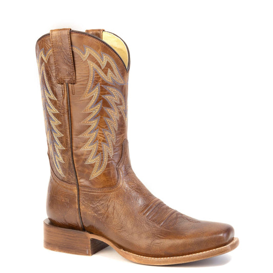 Men's Roper Ranger Leather Boots handcrafted brown waxy leather medium square toe 11-inch shaft