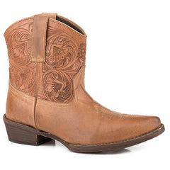 Women's Roper Dusty Tooled Ankle Leather Boots Handcrafted Tan