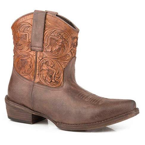 Women's Roper Dusty Tooled Ankle Leather Boots Handcrafted Brown