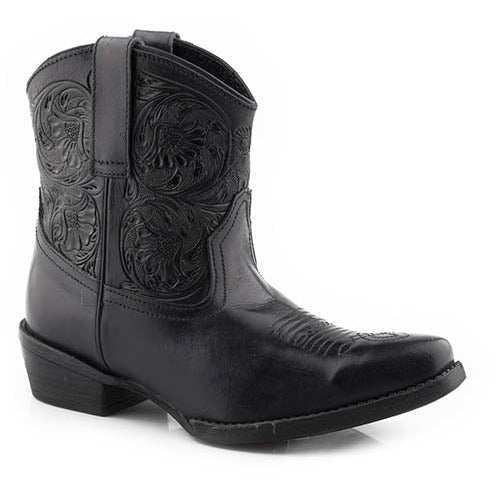 Damen Roper Dusty Tooled Ankle Lederstiefel Handgefertigt Schwarz