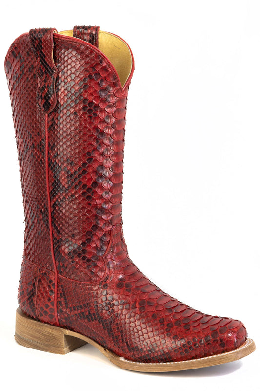 Women's Roper Fire Red Python Leather Boots featuring red python texture, medium square toe, and tan wooden heel and sole.