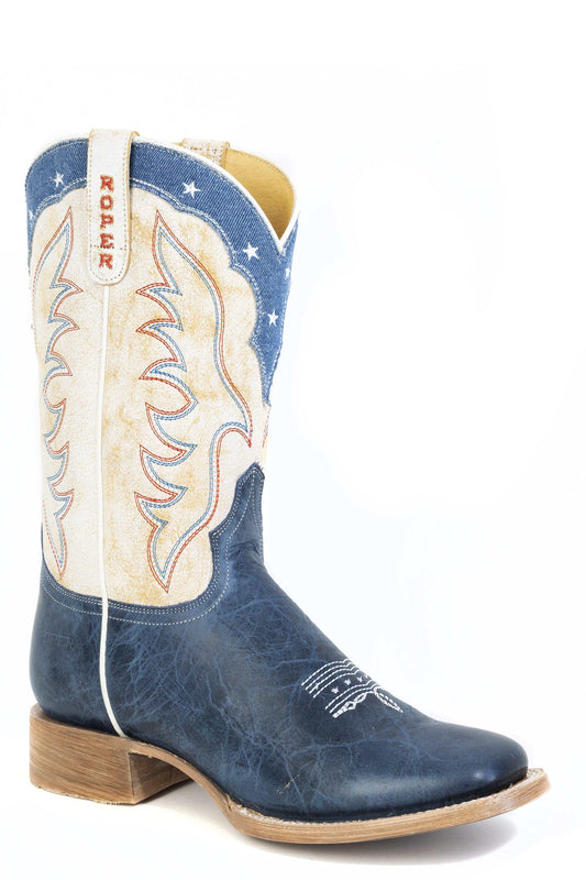 Women's Roper Americana Blue Leather Boots in blue burnish leather with vintage cream leather shaft and blue denim crown, square toe design.