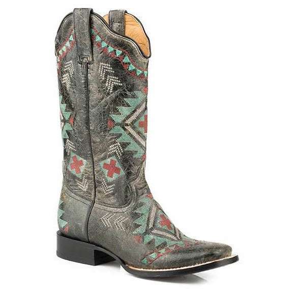 Roper Mai Square Toe Boots für Damen, handgefertigt, Schwarz