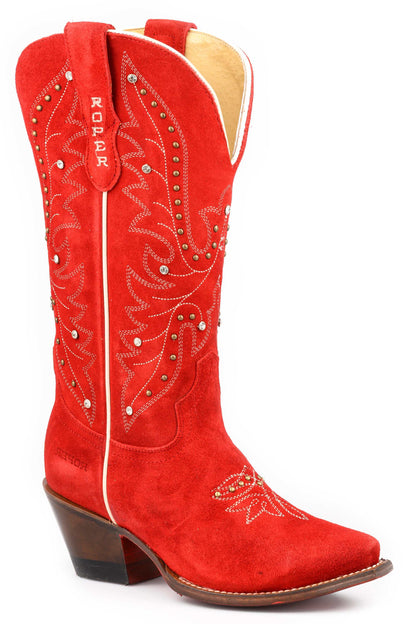 Women's Roper Scarlet Suede Leather Boots Handcrafted Red