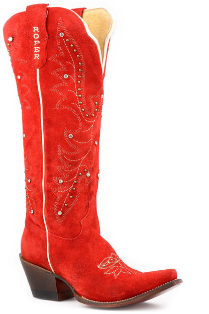 Women's Roper Scarlet Suede Leather Boots Handcrafted Red