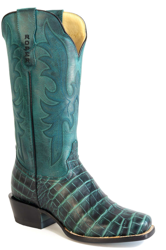 Women's Roper Trix Caiman Boots in black and turquoise embossed caiman print with waxy turquoise leather shaft and cutter toe design.