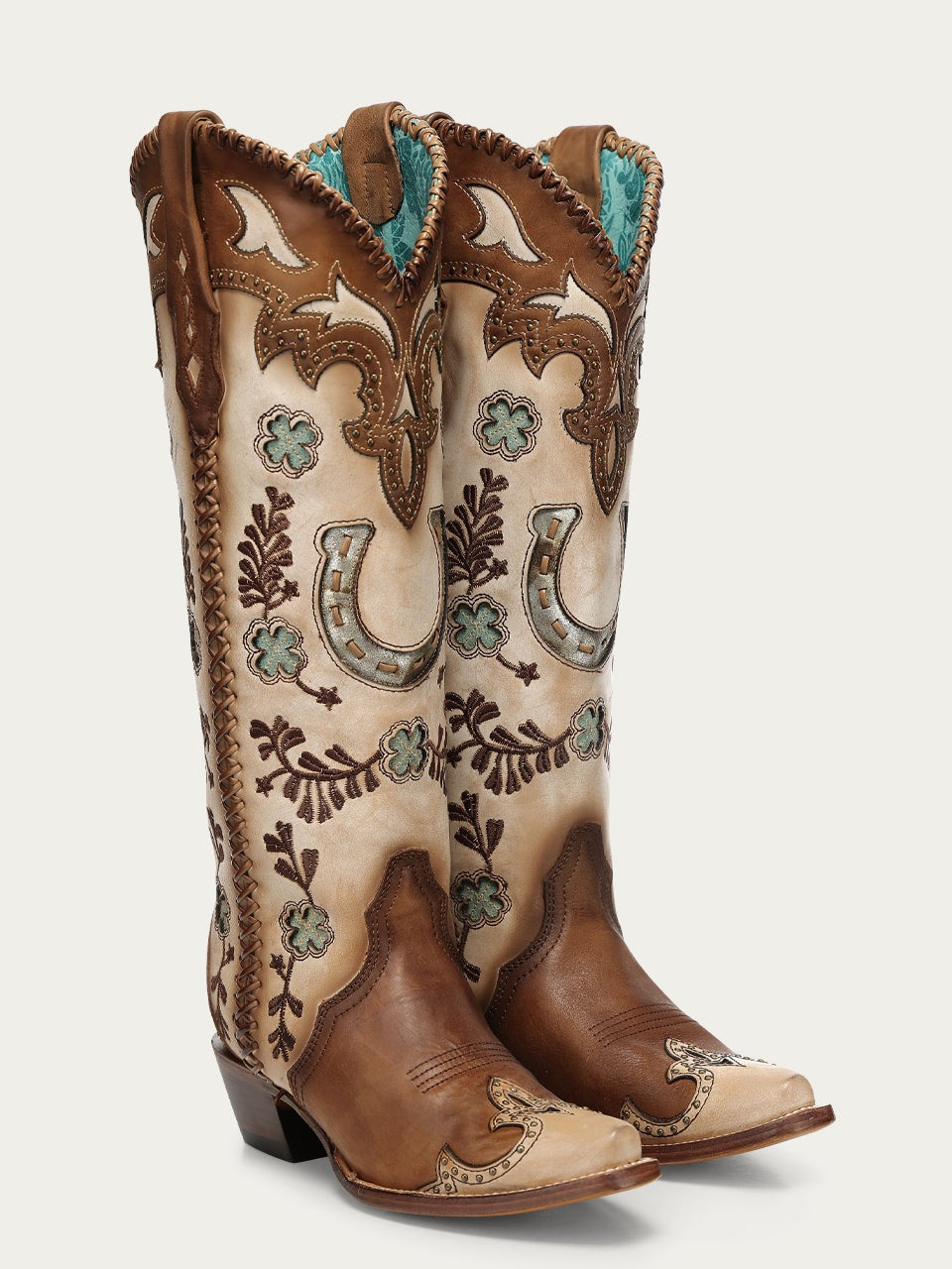 Women's Corral Honey Genuine Leather Boots with Horseshoe Overlay & Embroidery & Studs & Handwoven Tall Top