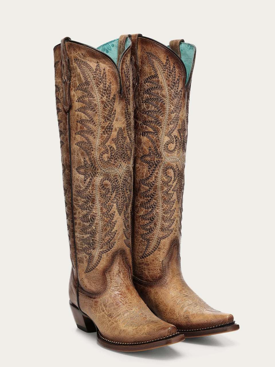 Women's Corral Sand Genuine Leather Boots with Embroidery & Metallic Welt Tall Top
