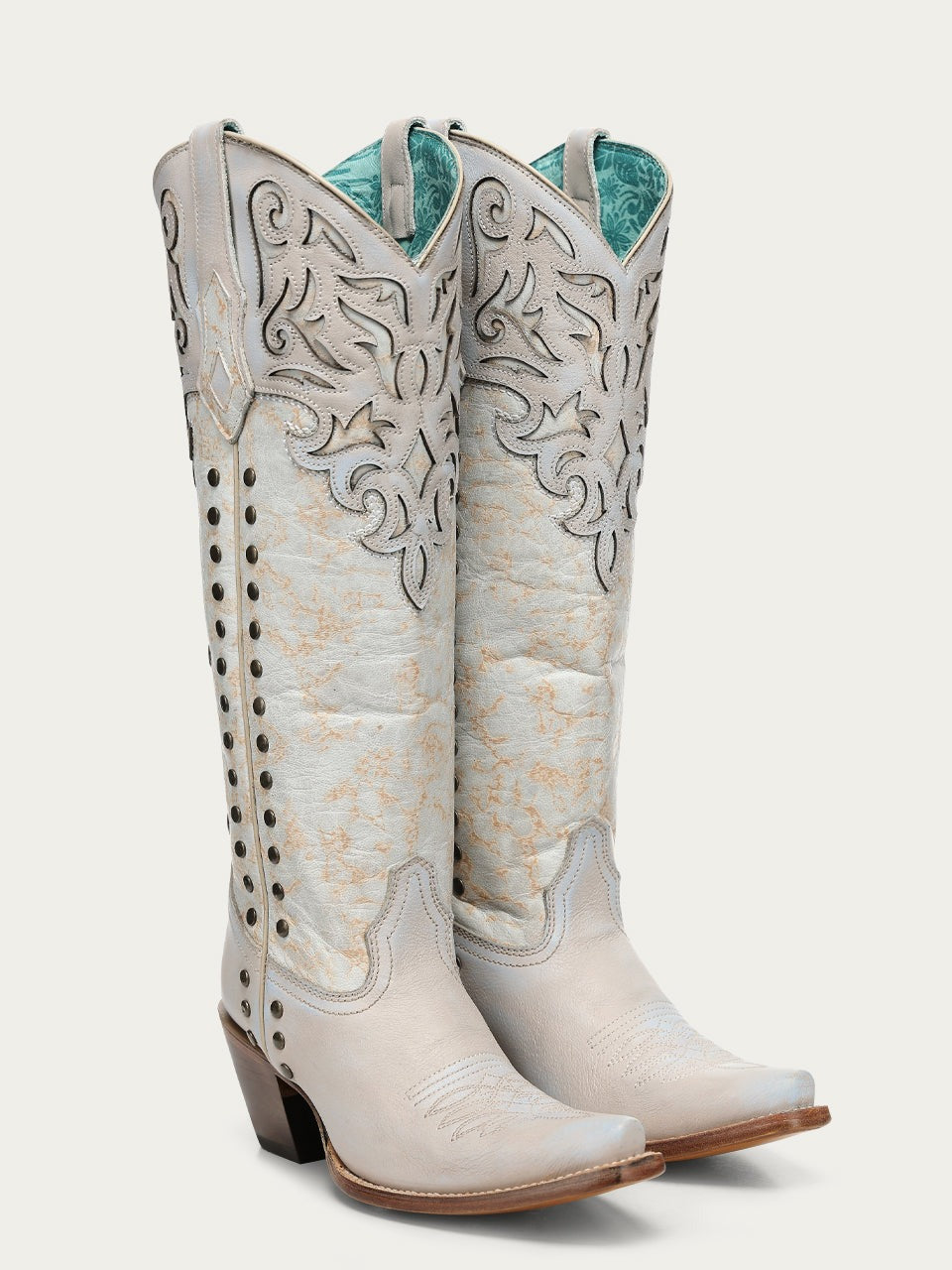 Women's Corral Bone Genuine Leather Boots with Blue Overlay & Embroidery & Studs Tall Top