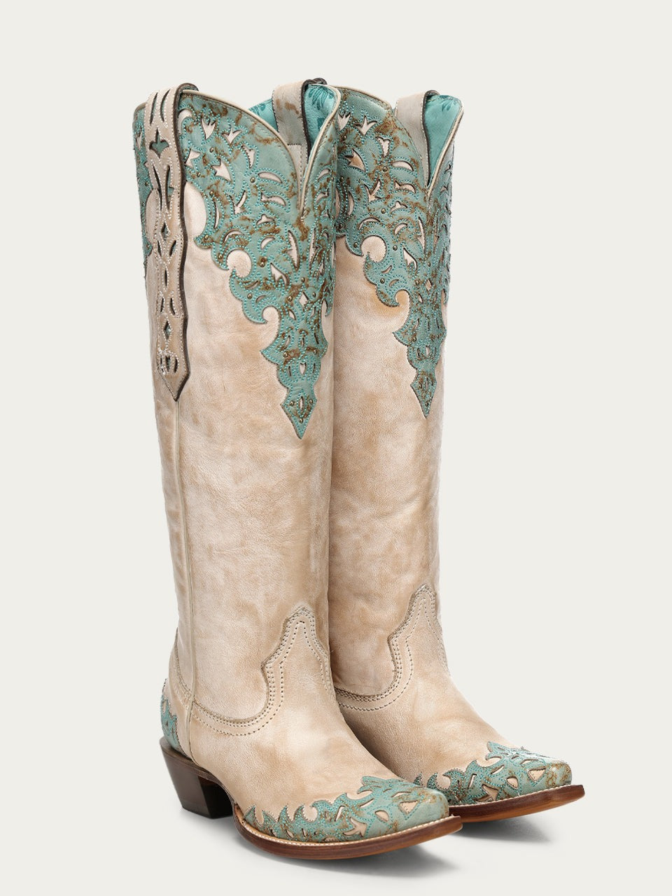 Women's Corral Sand Genuine Leather Boots with Overlay & Embroidery & Studs Tall Top