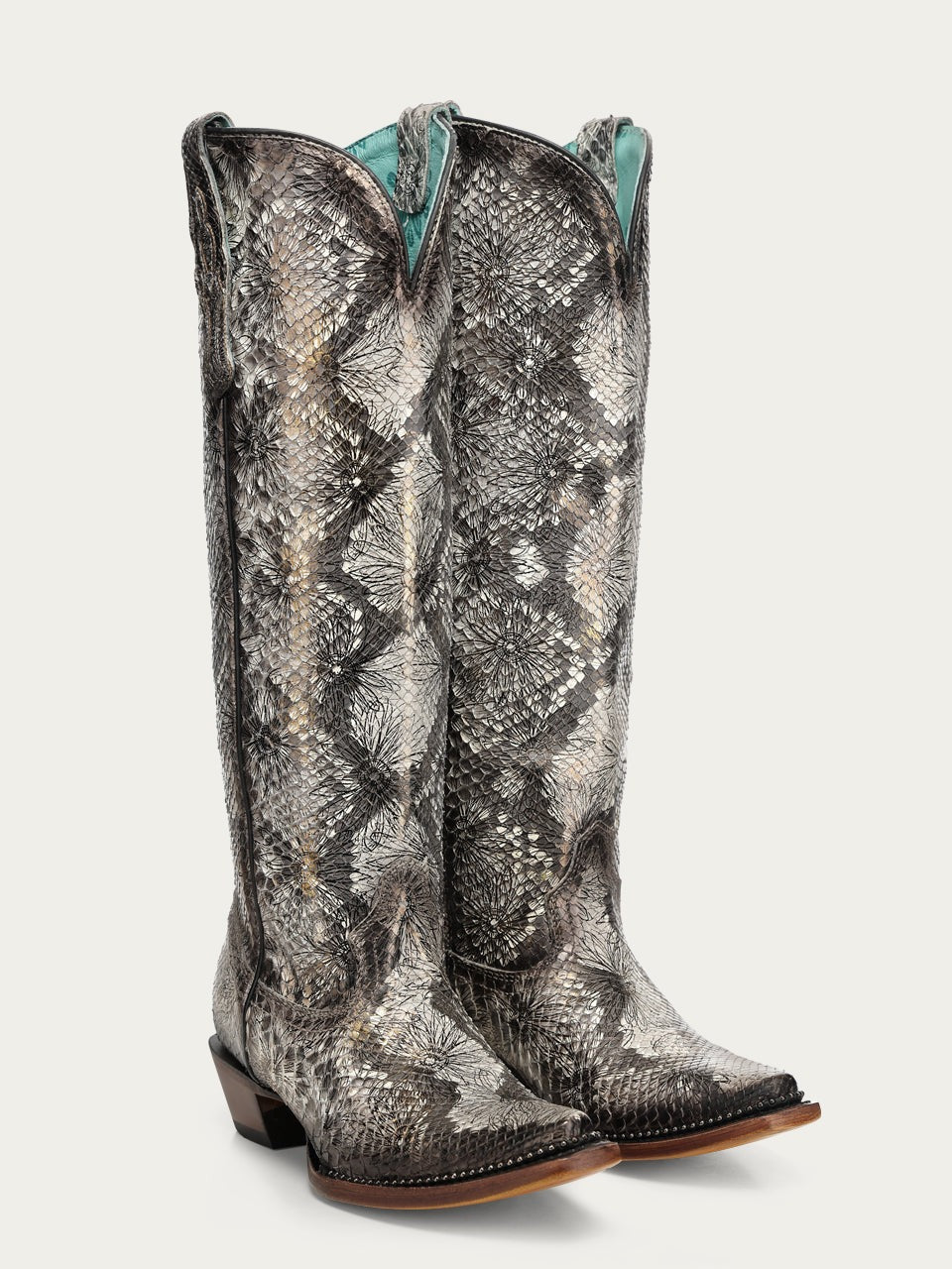 Women's Corral White Genuine Python Boots with Stamped Floral Tall Top