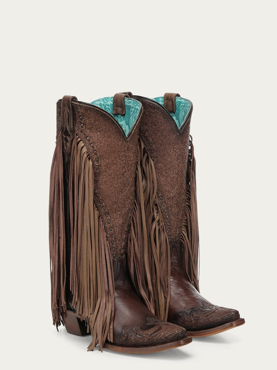 Women's Corral Brown Genuine Leather Boots with Overlay & Embroidery & Fringe & Woven