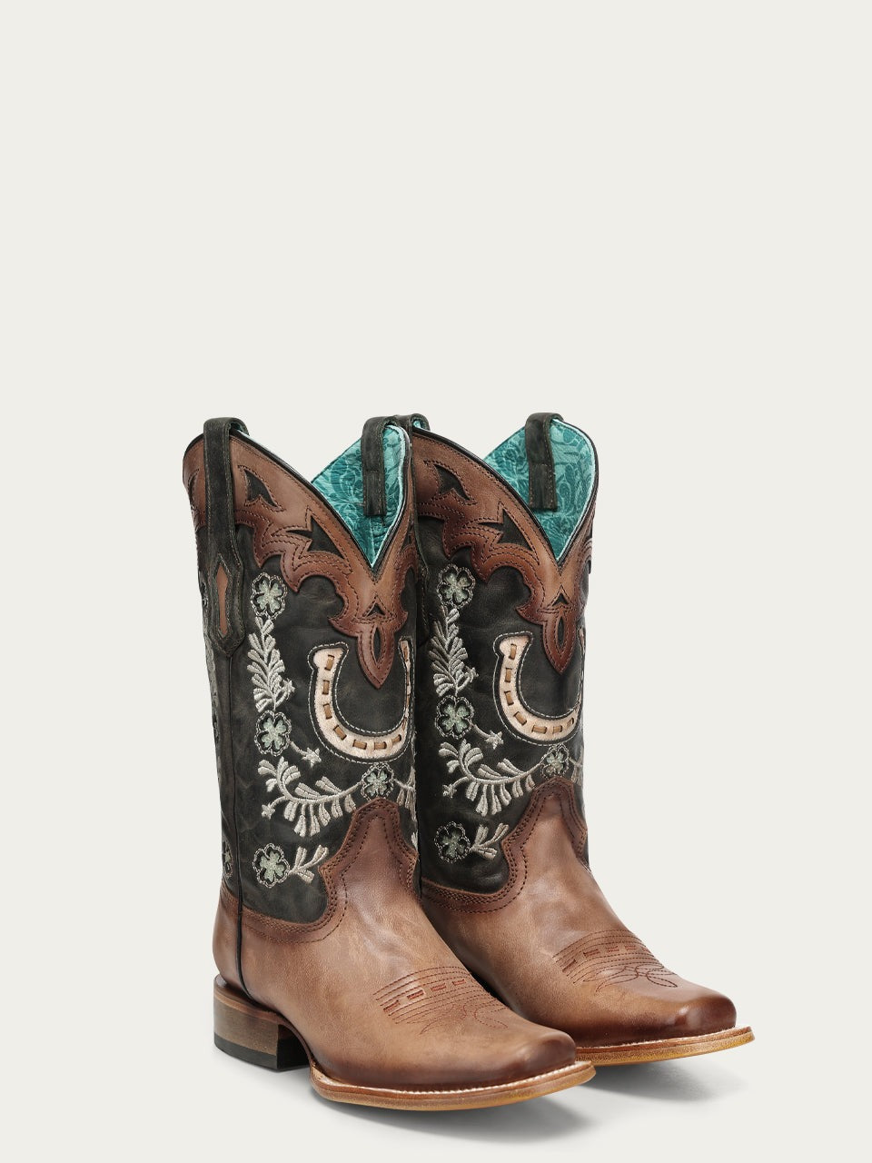 Women's Corral Nude Genuine Leather Boots with Horseshoe Overlay & Embroidery & Handwoven