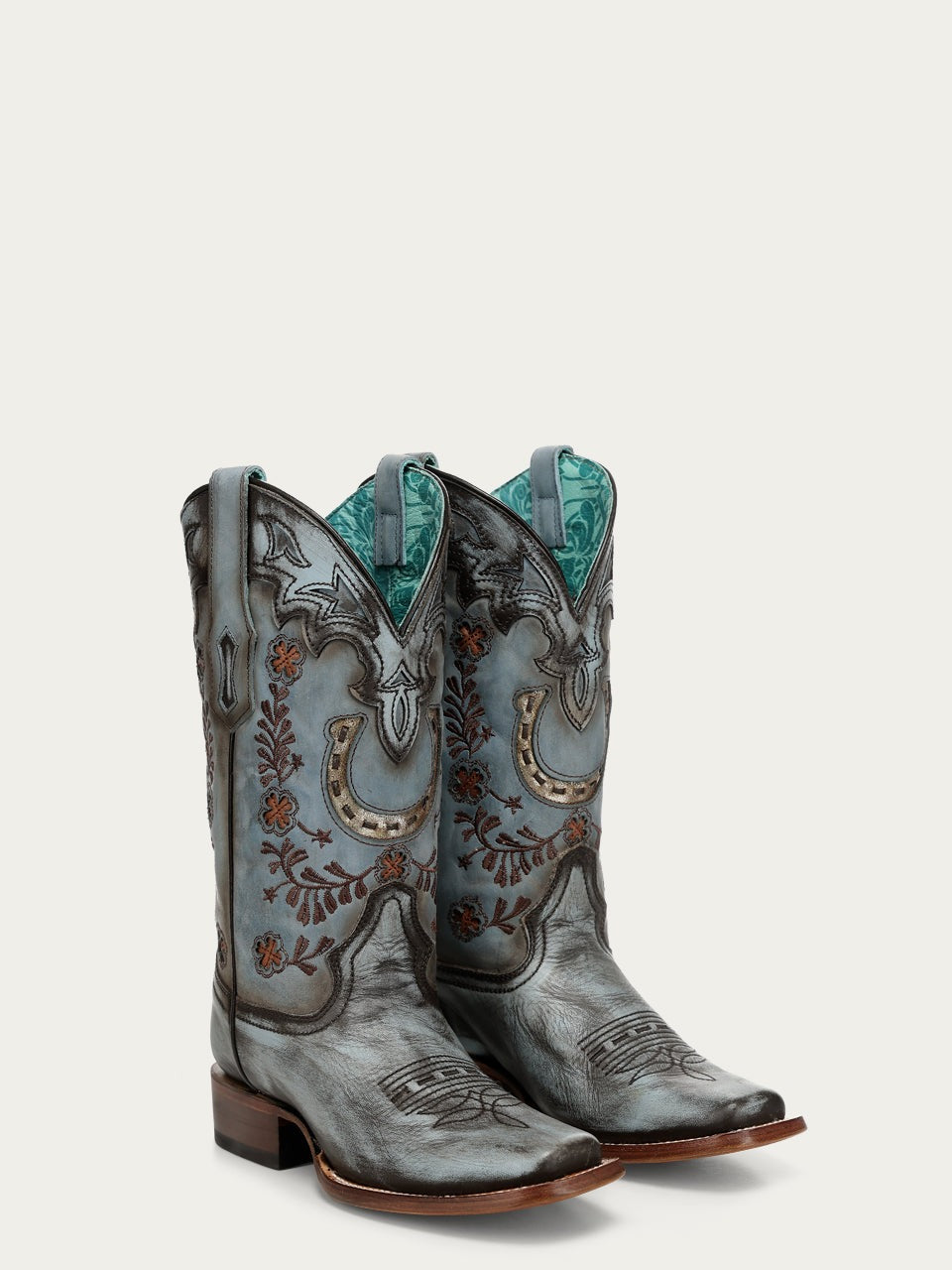 Women's Corral Blue Genuine Leather Boots with Horseshoe Overlay & Embroidery & Handwoven