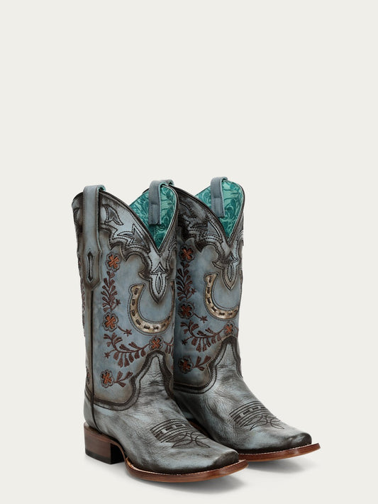 Women's Corral Blue Genuine Leather Boots with Horseshoe Overlay & Embroidery & Handwoven