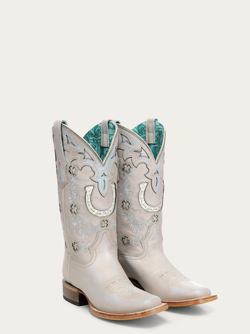 Women's Corral Bone Genuine Leather Boots with Horseshoe Overlay & Embroidery & Handwoven