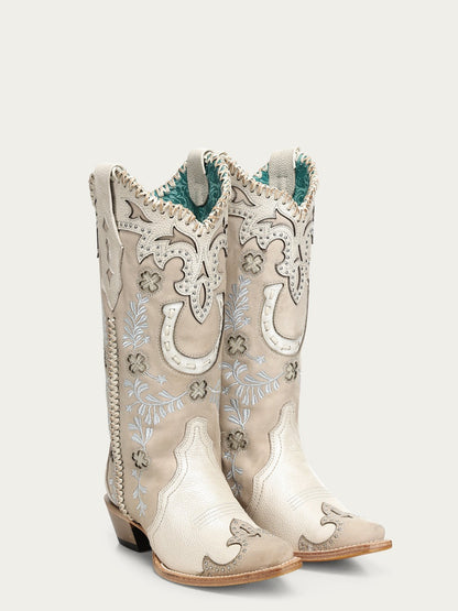 Women's Corral Bone Genuine Leather Boots with Horseshoe Overlay & Embroidery & Studs & Handwoven