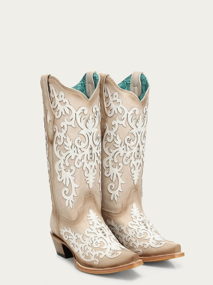 Women's Corral Bone Genuine Leather Boots with Overlay & Embroidery & Studs
