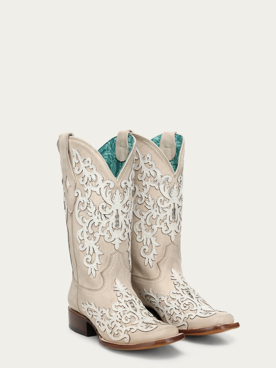 Women's Corral Bone Genuine Leather Boots with Overlay & Embroidery & Studs