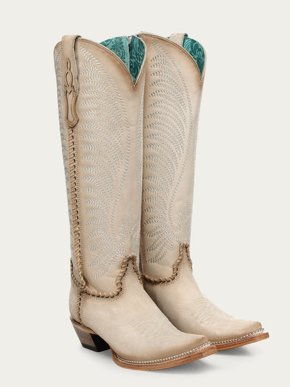 Women's Corral Bone Genuine Leather Boots with Embroidery & Woven & Metallic Welt Tall Top