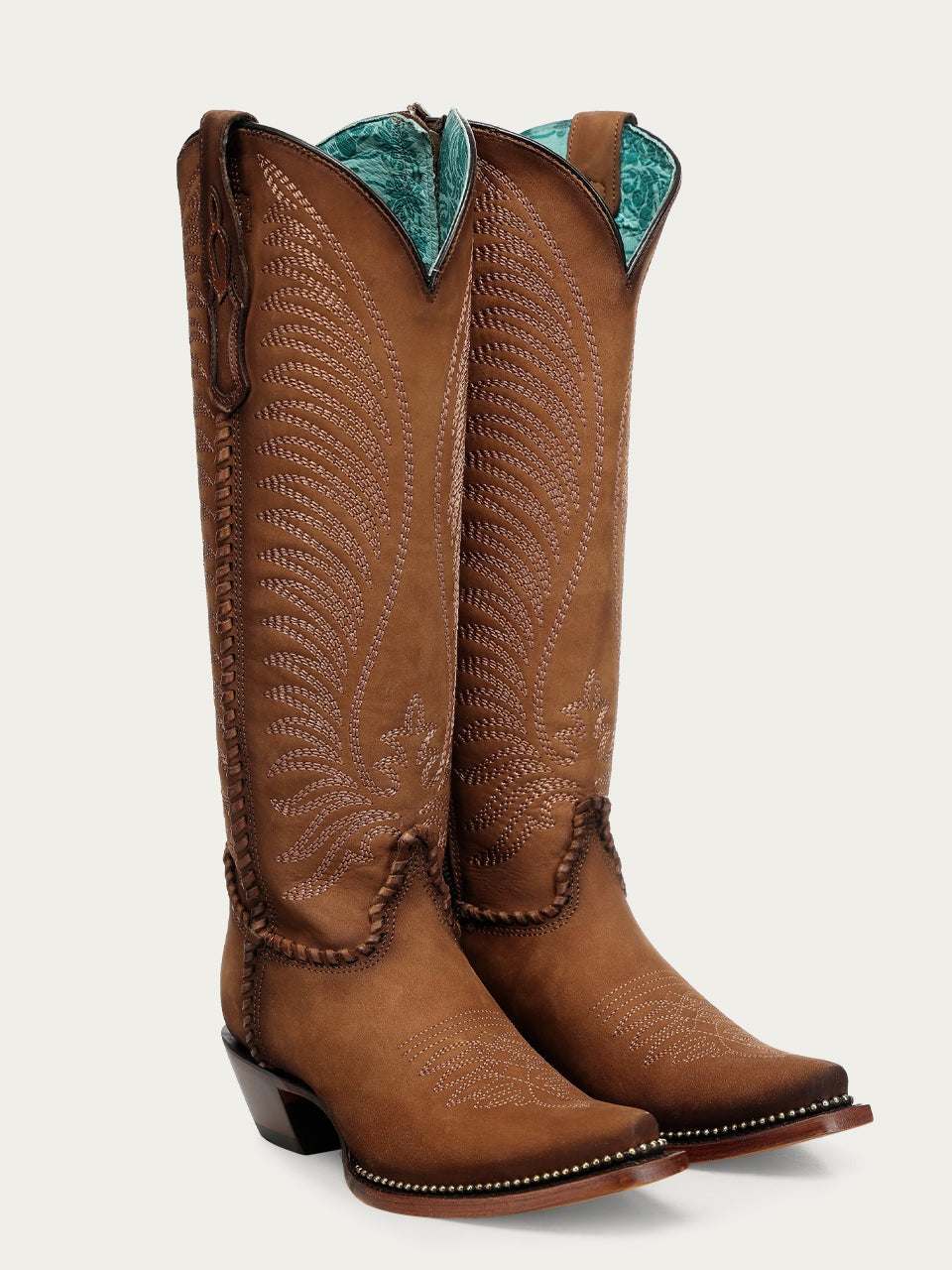 Women's Corral Honey Genuine Leather Boots with Embroidery & Woven & Metallic Welt Tall Top