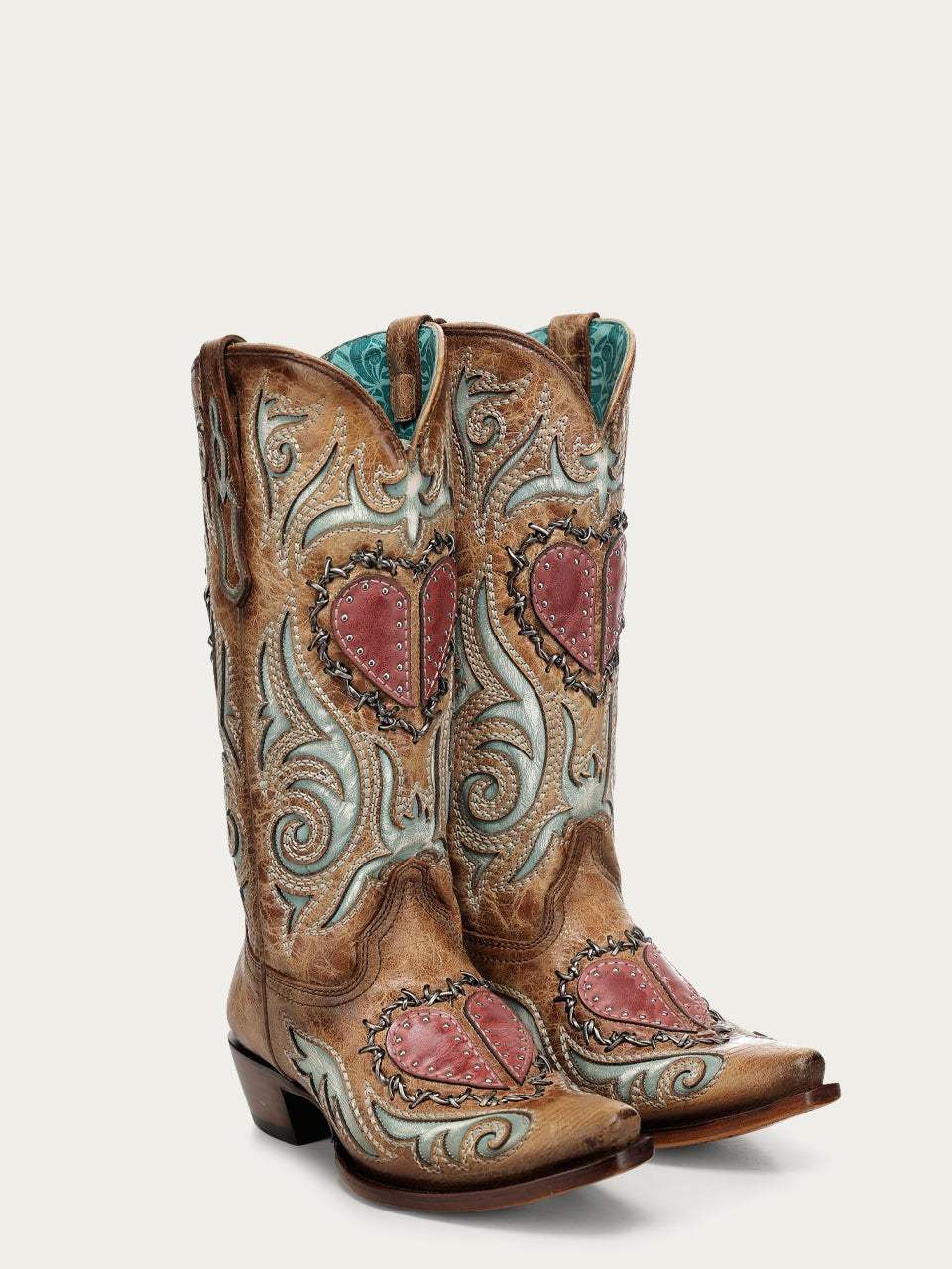 Women's Corral Sand Genuine Leather Boots with Heart Inlay & Embroidery & Studs & Berbed Wire Woven