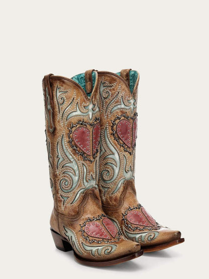 Women's Corral Sand Genuine Leather Boots with Heart Inlay & Embroidery & Studs & Berbed Wire Woven