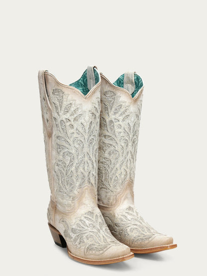 Women's Corral White Genuine Leather Boots with Glitter Inlay & Embroidery