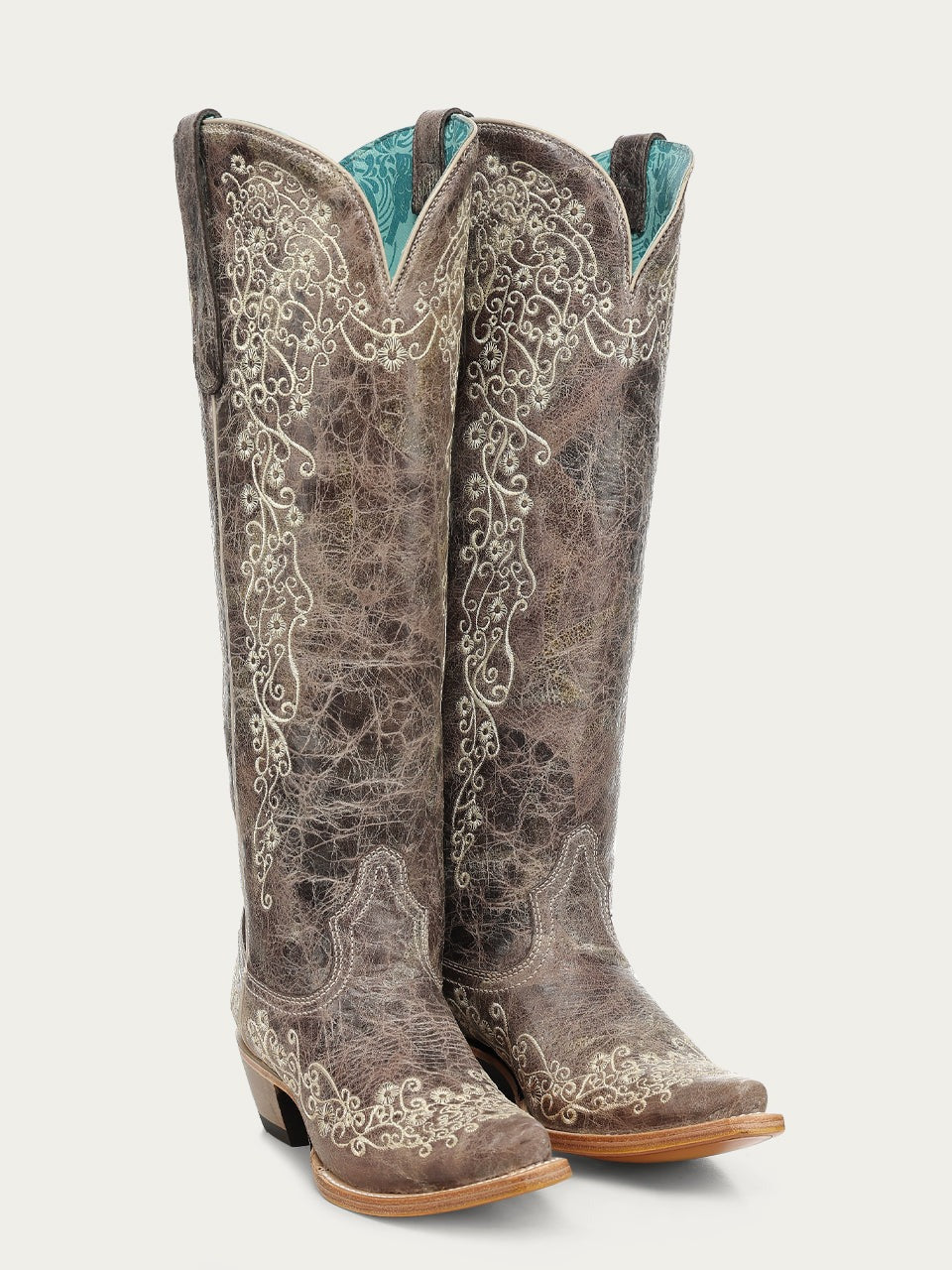 Women's Corral Tobacco Genuine Leather Boots with Floral Embroidery Tall Top