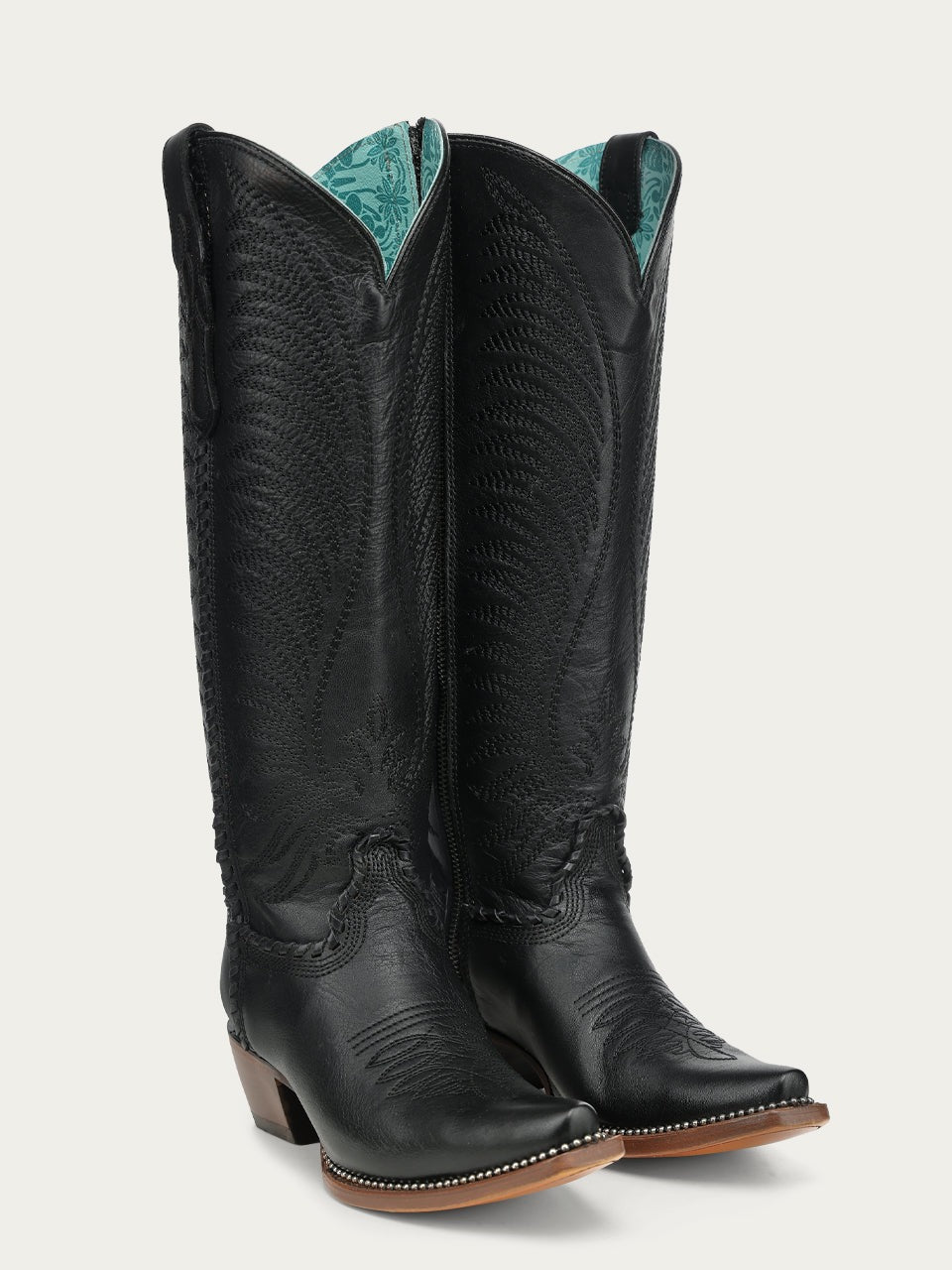 Women's Corral Black Genuine Leather Boots with Embroidery & Woven & Metallic Welt Tall Top