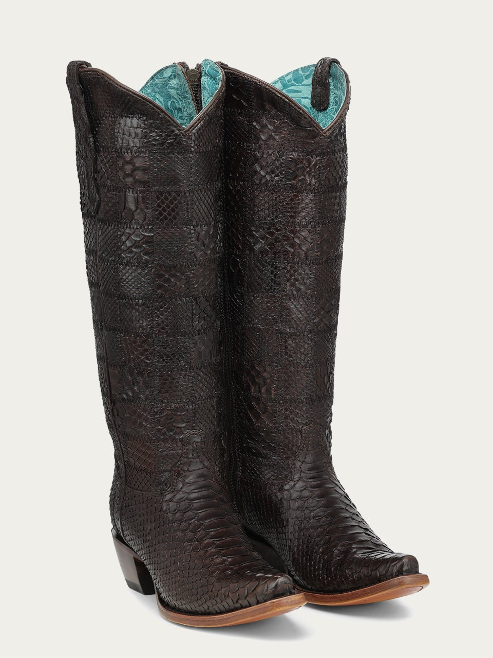 Women's Corral Chocolate Genuine Python Boots with Patchwork Tall Top Cowboy Boot