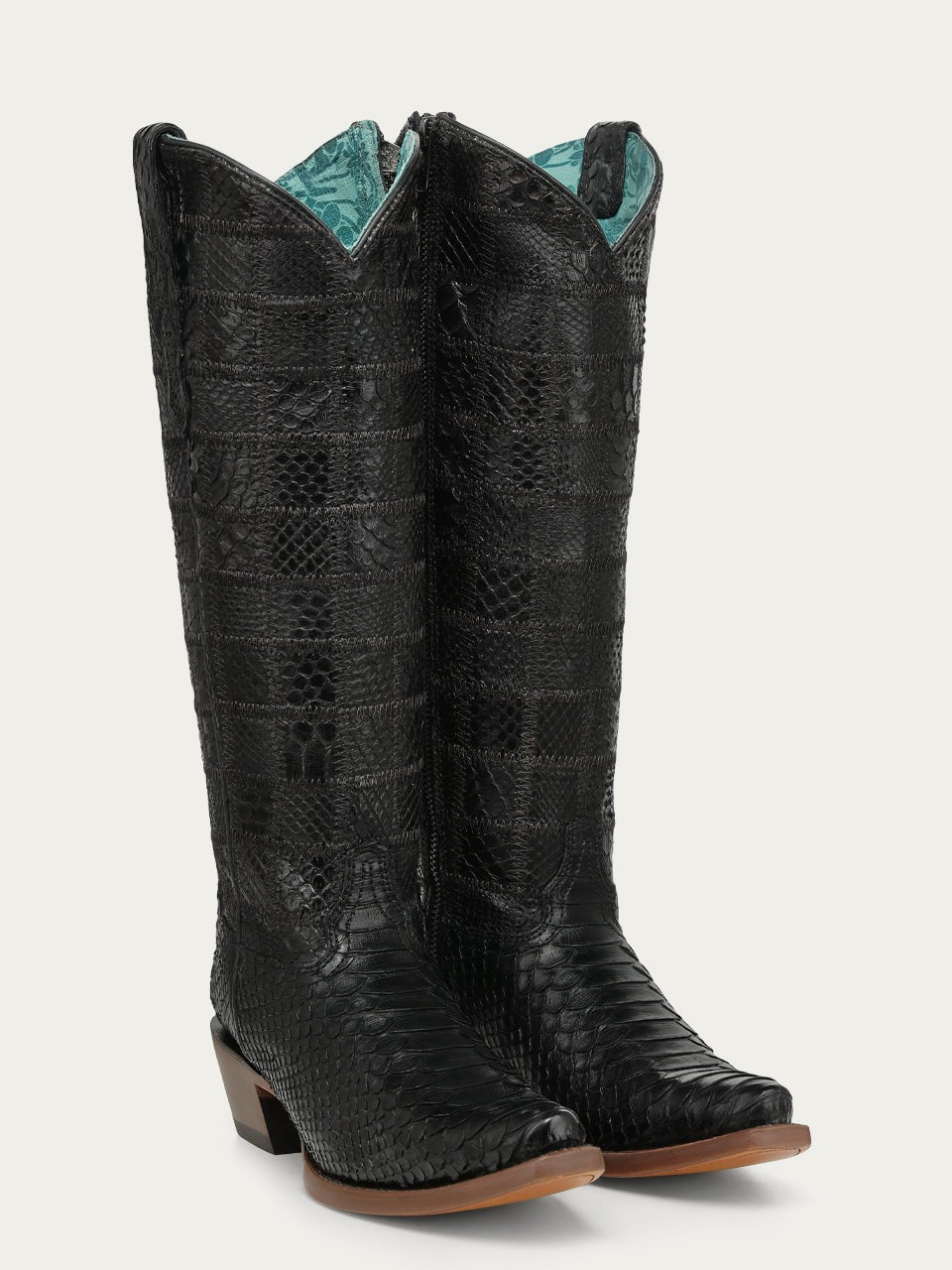 Women's Corral Black Genuine Python Boots with Patchwork Tall Top