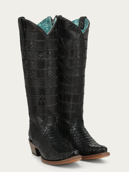 Women's Corral Black Genuine Python Boots with Patchwork Tall Top