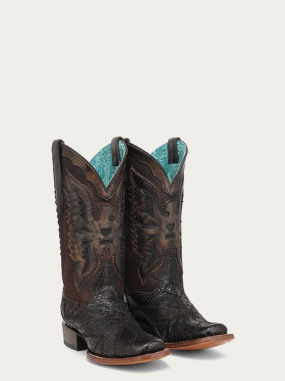 Women's Corral Chocolate Genuine Python Boots with Patchwork & Eagle Overlay