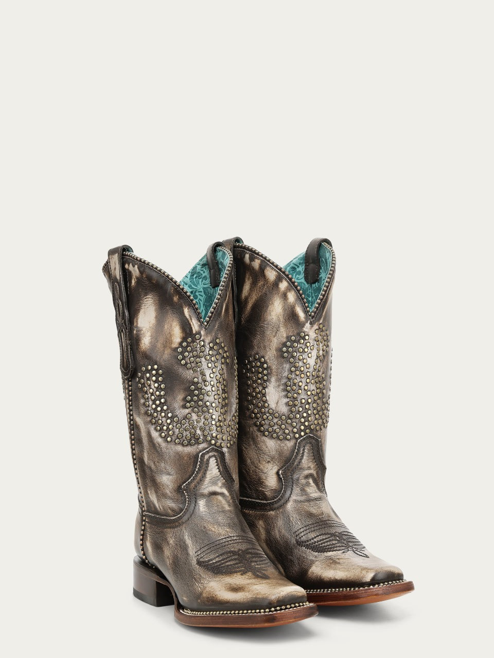 Women's Corral Distressed Brown Genuine Leather Boots with Horseshoe Design, Studs, and Metallic Welt