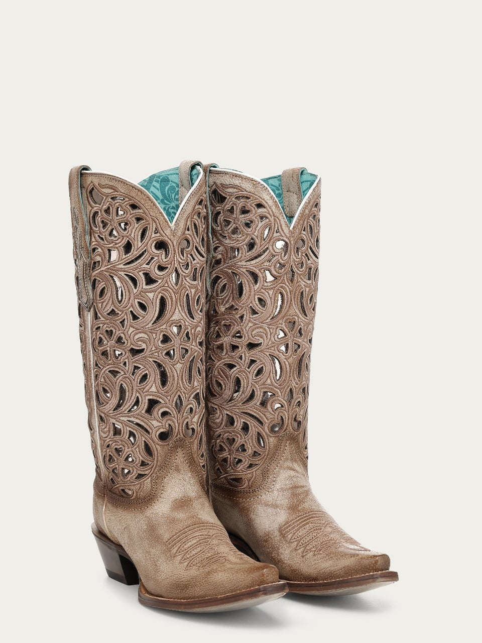Women's Corral Brown Genuine Leather Boots with Silver Inlay and Floral Embroidery Snip Toe Cowboy Boot