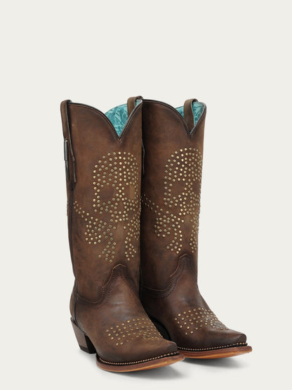 Women's Corral Brown Genuine Leather Boots with Skull Desing Studs & Welt Metallic