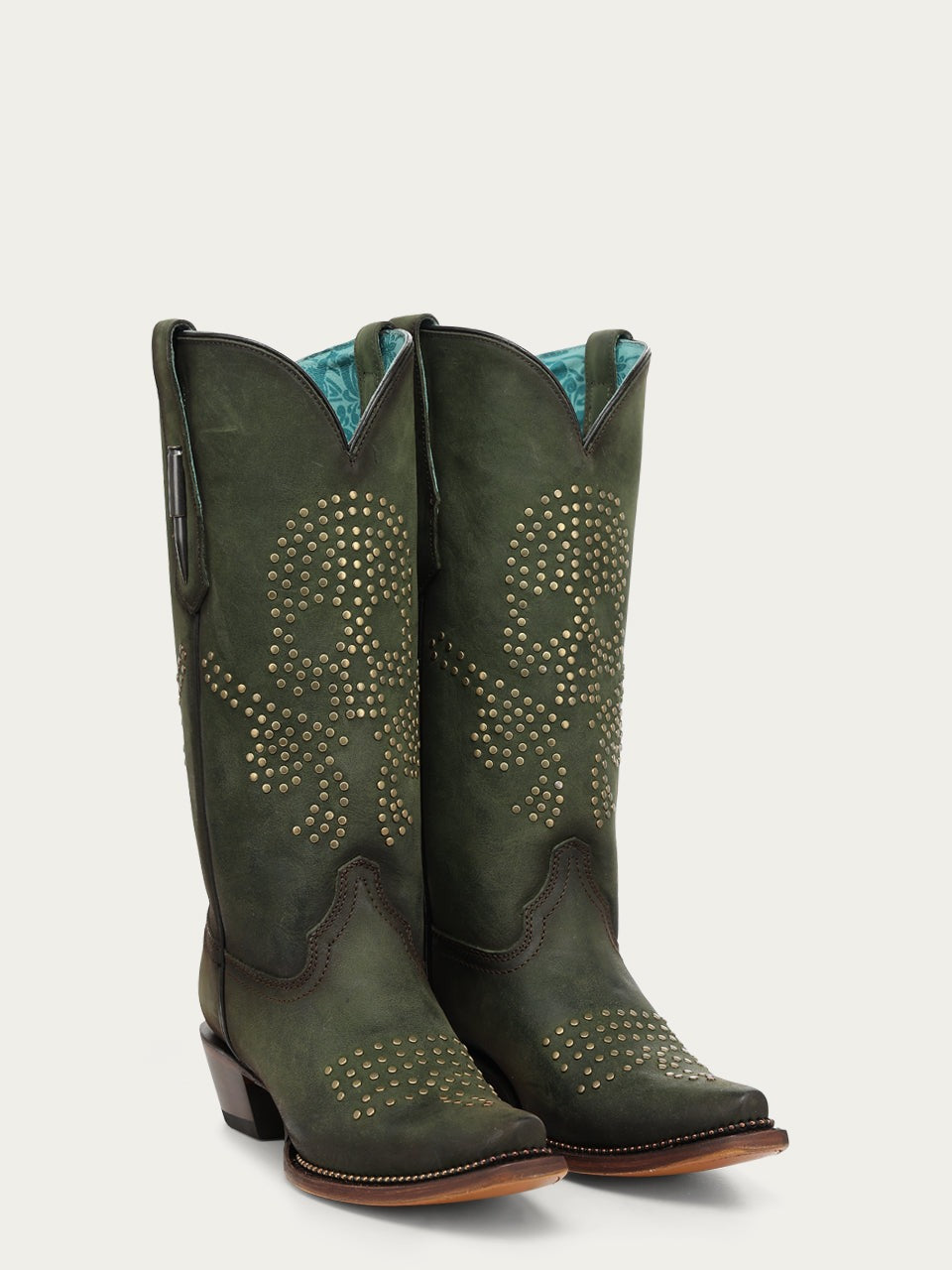 Women’s Corral Olive Green Genuine Leather Cowboy Boots with Skull Design, Studs, and Metallic Welt