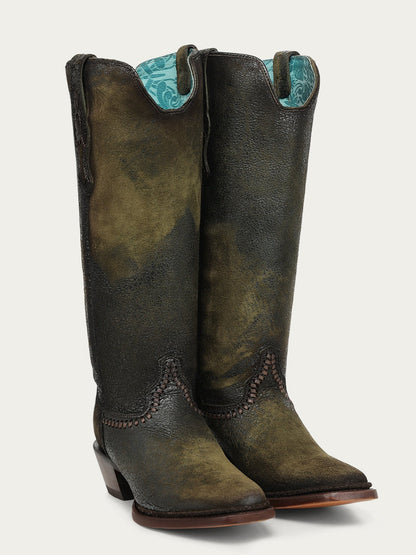 Women's Corral Green Genuine Leather Boots with Woven & Lamb Abstract Tall Top